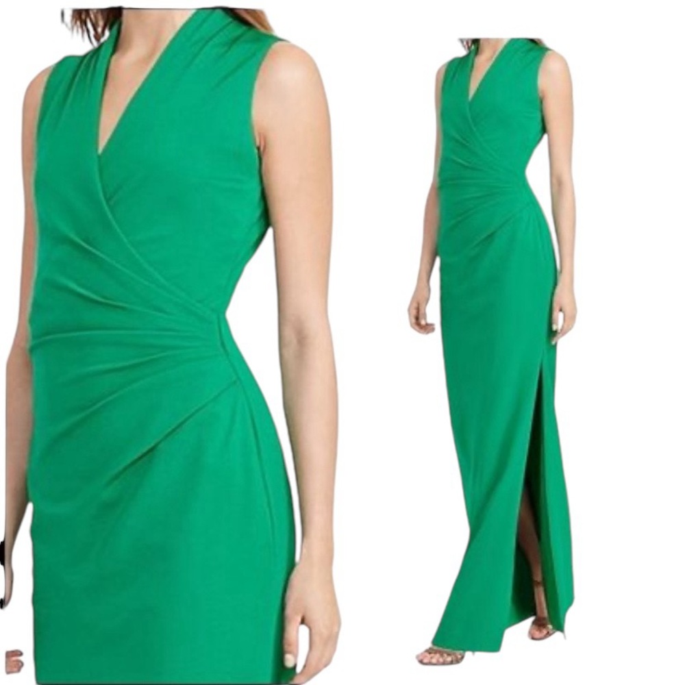 Lauren Ralph Lauren Sleeveless Vneck Ruch Green Maxi Gown Size 16